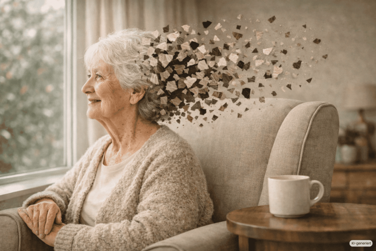 Eine Frau mit Demenz sitzt munter am Fenster und schaut heraus.