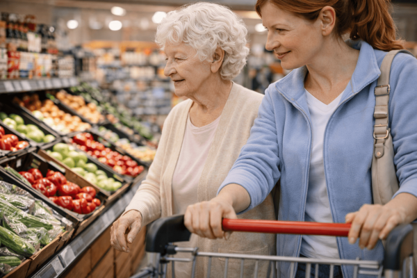 Seniorin wird beim Einkaufen im Supermarkt begleitet und unterstützt
