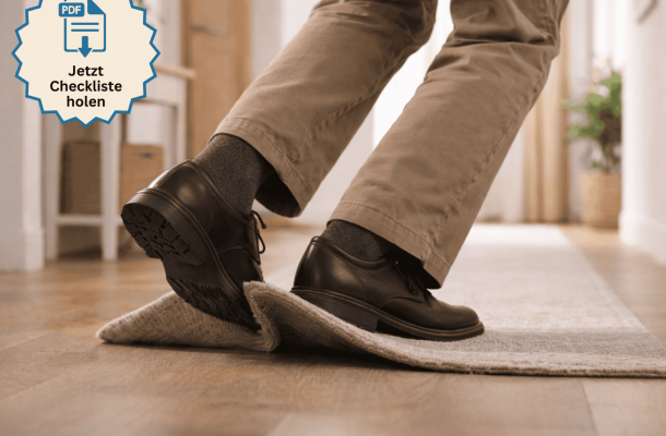 Ein Fuß, der über eine Teppichfalte stolpert - symbolbild für die Sturzgefahr Zuhause