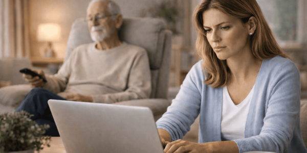 Tochter sucht nach "seriöser Anbieter" für die 24 Stunden Betreuung, während Vater im Hintergrund TV sieht.