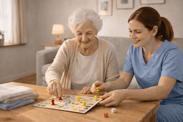 Pflegefachkraft spielt gemeinsam mit einer Seniorin zur Aktivierung
