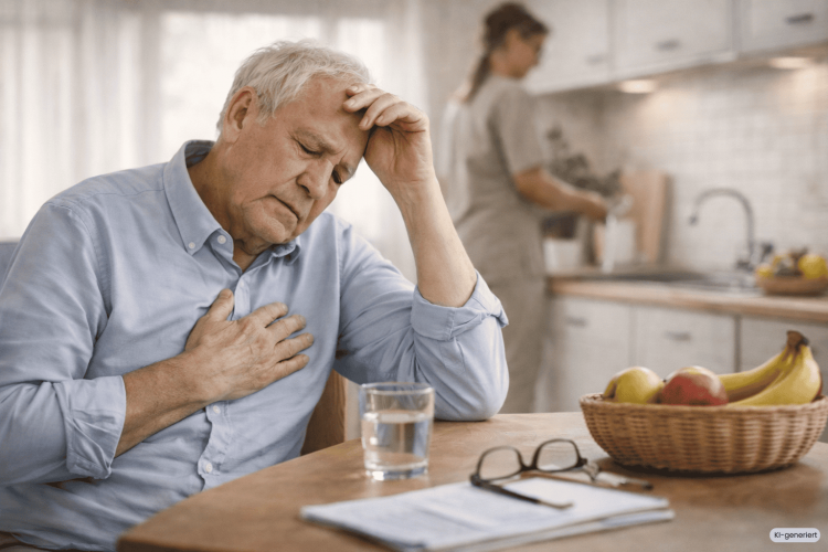 Ein Mann bei der Herzinfarkt-Nachsorge zuhause mit einer Betreuungskraft, die im Haushalt hilft.