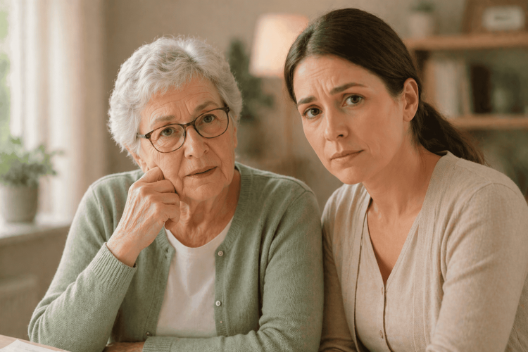 Eine Mutter und ihre Tochter schauen unsicher in die Kamera wegen der möglichen Maßnahmen der Pflegereform 2026.