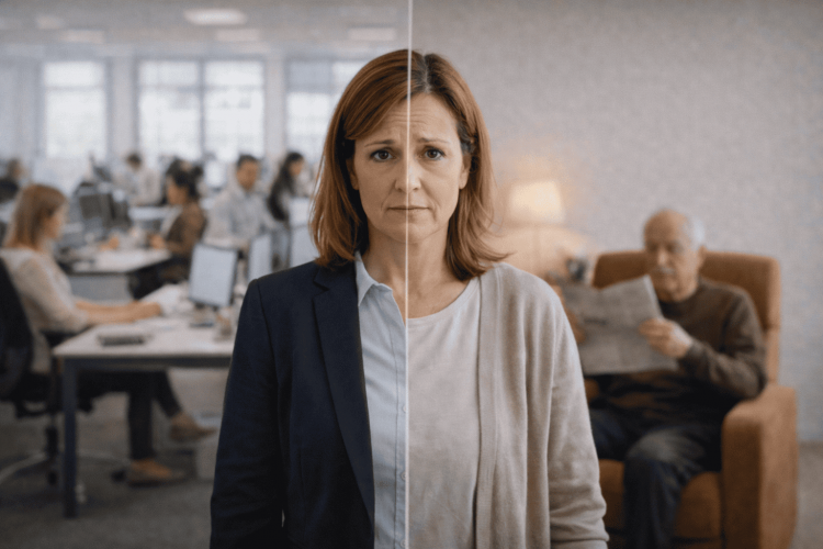 Eine Frau steht im Vordergrund. Auf der linken Seite steht sie im Büro, auf der rechten Zuhause bei Ihrem Vater. Sinnbild für Vereinbarkeit von Pflege und Beruf.