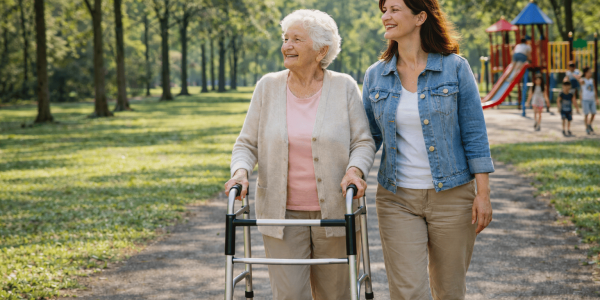 Alltagsbeispiel 24 Stunden Pflege: Eine ältere Frau mit ihrer Begleitung bei einem Spaziergang im öffentlichen Park.