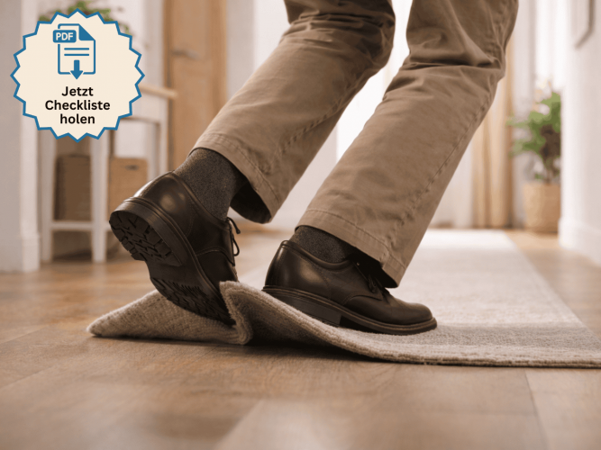 Ein Fuß, der über eine Teppichfalte stolpert - symbolbild für die Sturzgefahr Zuhause