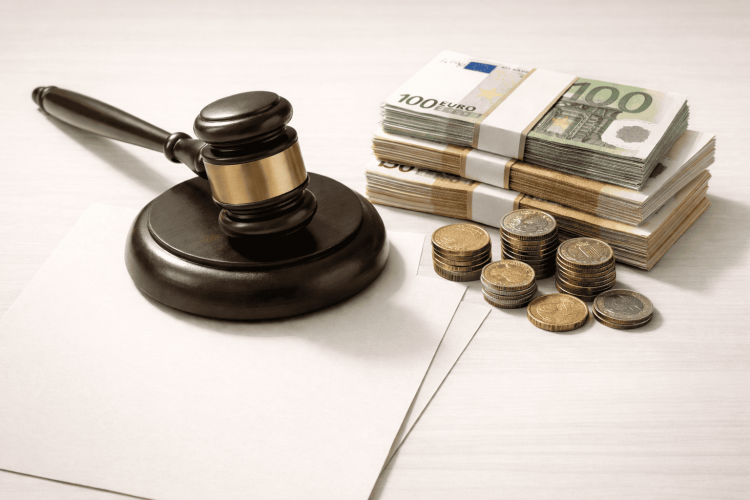 Pflegesatzverhandlungen Schaubild mit Gerichtshammer, Geldscheine und Münzen symbolisieren Pflegekosten und Rechtsprechung.