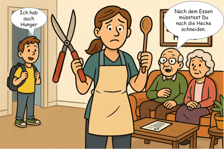 Karikatur einer überforderten Betreuungskraft mit Kochlöffel und Heckenschere, die gleichzeitig kochen, Kinder versorgen und Gartenarbeit übernehmen soll – symbolisiert die unfaire Erwartungshaltung in der 24-Stunden-Betreuung.