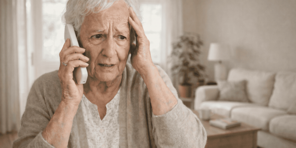 Eine besorgte ältere Frau wird Opfer des Enkeltrick.