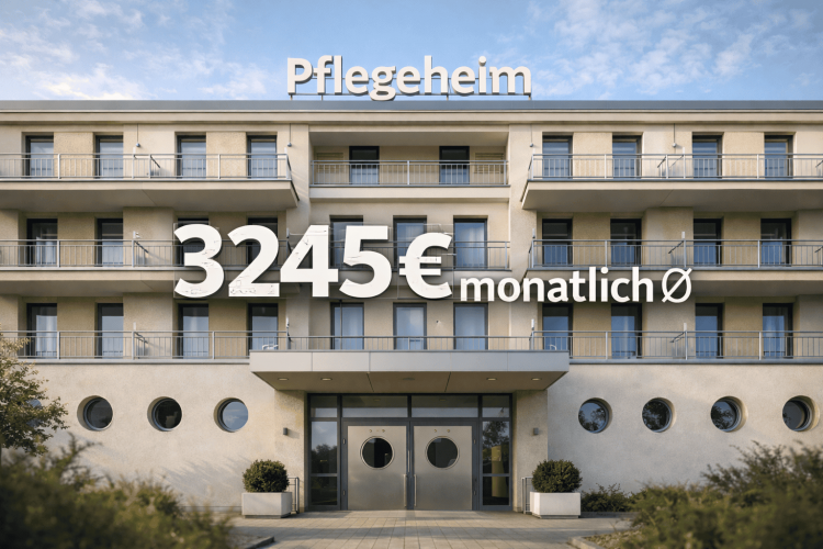 Ein Pflegeheim mit einem Schriftzug darüber "3245€ monatlich durchschnittlich" als Eigenanteil Pflegeheim