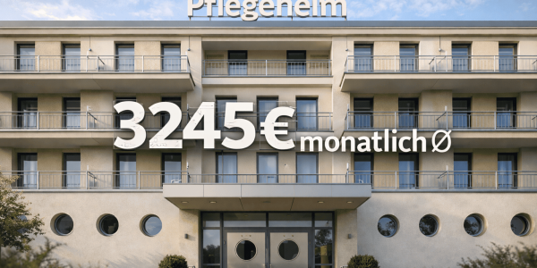 Ein Pflegeheim mit einem Schriftzug darüber "3245€ monatlich durchschnittlich" als Eigenanteil Pflegeheim