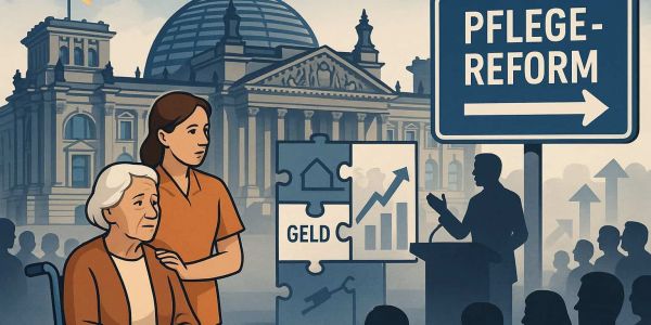 Illustration vor dem Bundestag: Pflegekraft begleitet Seniorin im Rollstuhl, daneben Symbole für Kostensteigerungen und Finanzierung der Pflege, sowie ein großes Schild „Pflege-Reform“ – Darstellung der politischen Debatte über die stark wachsende Zahl Pflegebedürftiger und die steigenden Pflegekosten in Deutschland.
