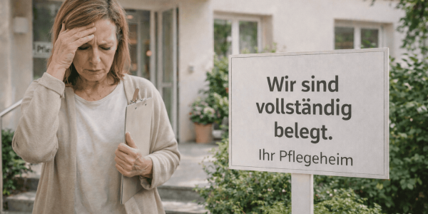 Problem der Pflege 2026: Eine Frau steht verzweifelt vor einem Pflegeheim vor einem Schild "Wir sind vollständig belegt - Ihr Pflegeheim"