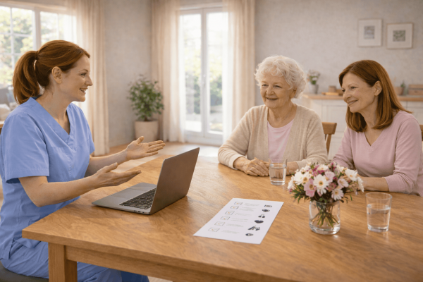 Pflegefachkraft führt ein Beratungsgespräch mit Seniorin und Angehöriger
