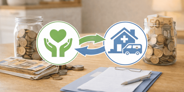 Ein Familiensymbol mit Pflegedienstsymbol im Austausch mit Geldscheinen auf jeder Seite. Steht für Kombinationsleistung