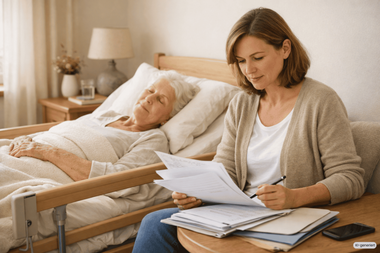 Wegen des Fall Ambiente Care sitzt eine Tochter zusammen mit Ihrer Mutter, die im Pflegebett liegt, neben ihr am Tisch und sichtet wichtige Dokumente.