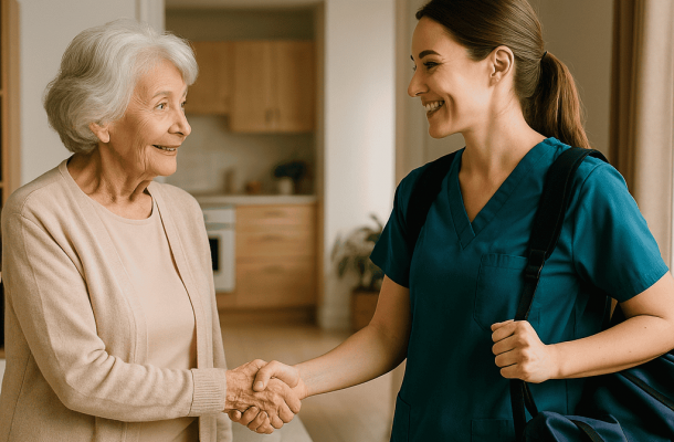 Ein Fuß, der über eine Teppichfalte stolpert., Eine ältere Dame lächelt gemeinsam mit ihrer Betreuungskraft., Ein Familiensymbol mit Pflegedienstsymbol im Austausch mit Geldscheinen auf jeder Seite., Ein glücklicher Sohn mit seiner Mutter und ihrer Betreuungskraft, die ihr Tee bringt., Tochter sucht am Laptop nach 24-Stunden-Pflege während Vater im Hintergrund TV sieht., Ein Pflegeheim mit einem Schriftzug darüber "3245€ monatlich durchschnittlich", Ein Block mit einem Stift und Taschenrechner liegen auf einem Schreibtisch., Eine ältere Frau mit ihrer Begleitung bei einem Spaziergang im öffentlichen Park., Ein Geschwisterpaar sitzt mit einem Ordner bei einer Sachbearbeiterin., Alttext: Gerichtshammer, Geldscheine und Münzen symbolisieren Pflegekosten und Rechtsprechung.