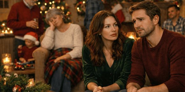 Ganztagsbetreuung zu Hause: Familie sitzt an Weihnachten zusammen, während ein älteres Familienmitglied erschöpft wirkt; ein Paar im Vordergrund schaut besorgt – Symbolbild für erkannten Pflegebedarf rund um die Feiertage und den Wunsch nach verlässlicher Betreuung zu Hause.