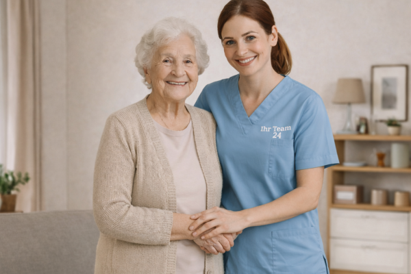 Pflegekraft von Ihr Team 24 begleitet eine Seniorin freundlich und unterstützend in ihrer Wohnung