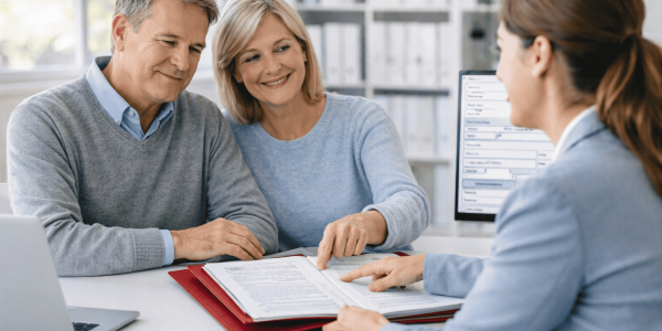 Ein Geschwisterpaar sitzt mit einem Ordner bei einer Sachbearbeiterin für Hilfe zur Pflege.