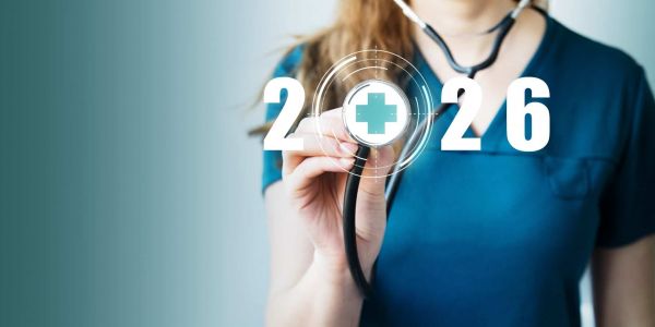 Symbolfoto Pflege 2026: Pflegekraft hält Stethoskop mit digitalem Kreuz-Icon und Jahreszahl 2026 im Hintergrund.