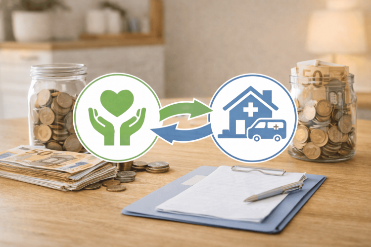 Ein Familiensymbol mit Pflegedienstsymbol im Austausch mit Geldscheinen auf jeder Seite.