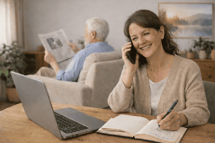 Eine Tochter will die Pflege organisieren am Telefon und vor dem Laptop. Im Hintergrund sieht man den Vater, Zeitung lesen.