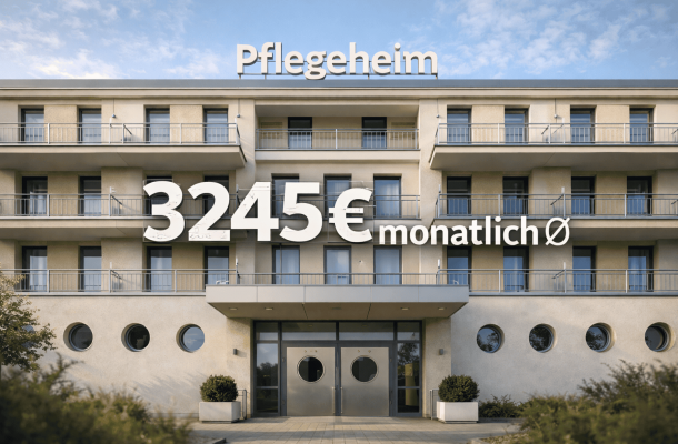 Ein Pflegeheim mit einem Schriftzug darüber "3245€ monatlich durchschnittlich"