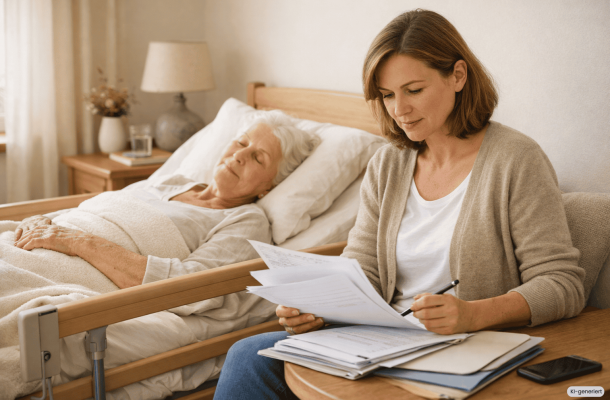 Wegen des Fall Ambiente Care sitzt eine Tochter zusammen mit Ihrer Mutter, die im Pflegebett liegt, neben ihr am Tisch und sichtet wichtige Dokumente.