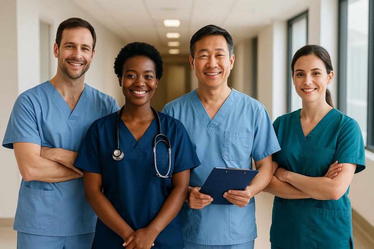 Vier lächelnde Pflegekräfte unterschiedlicher Herkunft stehen im Klinikflur – Symbolbild für internationale Pflegekräfte in der Pflege