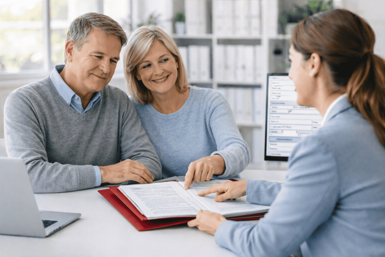 Ein Geschwisterpaar sitzt mit einem Ordner bei einer Sachbearbeiterin für Hilfe zur Pflege.