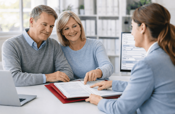 Ein Geschwisterpaar sitzt mit einem Ordner bei einer Sachbearbeiterin.
