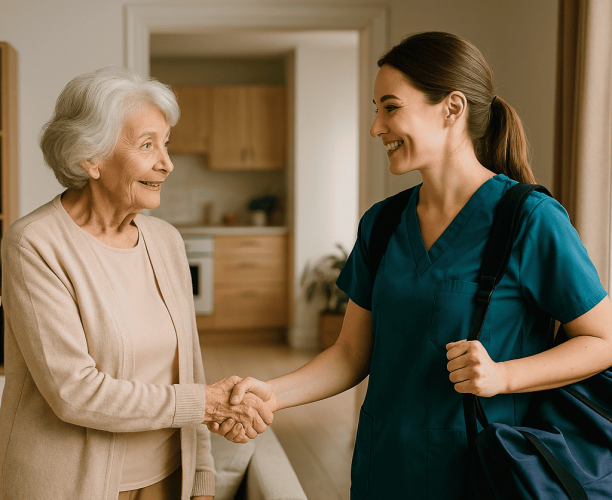 Freundliche Pflegekraft begrüßt lächelnde Seniorin mit Handschlag in einem wohnlichen Wohnzimmer – Symbolbild für den gelungenen Start häuslicher Betreuung