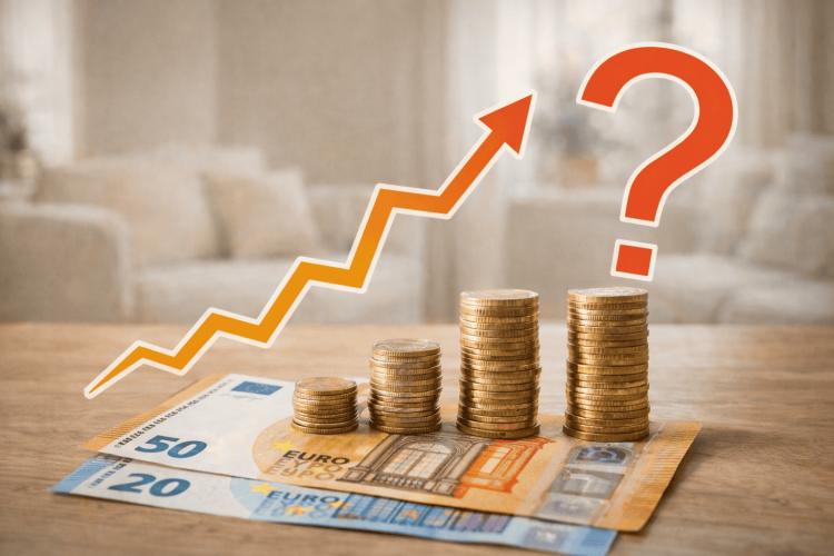 Geldscheine und Münzen in aufsteigener Höhe aufgestellt mit einem Pfeil nach oben und einem Fragezeichen - Sinnbild für Rentenerhöhung 2026