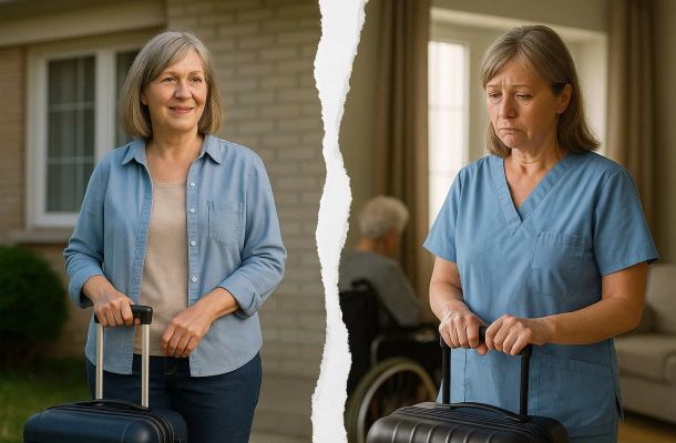 Ein Fuß, der über eine Teppichfalte stolpert., Eine ältere Dame lächelt gemeinsam mit ihrer Betreuungskraft., Ein Familiensymbol mit Pflegedienstsymbol im Austausch mit Geldscheinen auf jeder Seite., Ein glücklicher Sohn mit seiner Mutter und ihrer Betreuungskraft, die ihr Tee bringt., Tochter sucht am Laptop nach 24-Stunden-Pflege während Vater im Hintergrund TV sieht., Ein Pflegeheim mit einem Schriftzug darüber "3245€ monatlich durchschnittlich", Ein Block mit einem Stift und Taschenrechner liegen auf einem Schreibtisch., Eine ältere Frau mit ihrer Begleitung bei einem Spaziergang im öffentlichen Park., Ein Geschwisterpaar sitzt mit einem Ordner bei einer Sachbearbeiterin., Alttext: Gerichtshammer, Geldscheine und Münzen symbolisieren Pflegekosten und Rechtsprechung.