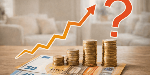 Geldscheine und Münzen in aufsteigener Höhe aufgestellt mit einem Pfeil nach oben und einem Fragezeichen - Sinnbild für Rentenerhöhung 2026