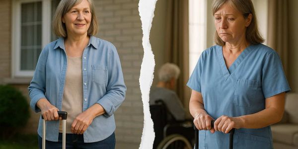 Zweiteiliges Bild: Links eine l&auml;chelnde Frau mit Koffer vor einem Haus &ndash; Symbol f&uuml;r gelungene h&auml;usliche Betreuung. Rechts dieselbe Frau in Pflegekleidung, ersch&ouml;pft und traurig, ebenfalls mit Koffer &ndash; zeigt &Uuml;berforderung und Abreise einer Betreuungskraft.