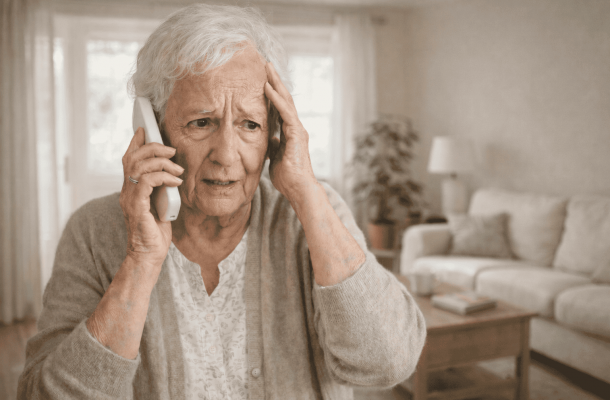 Eine besorgte ältere Frau wird Opfer des Enkeltrick.