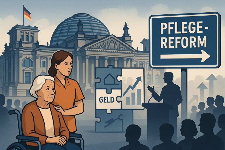 Illustration vor dem Bundestag und Protestschildern über die Zahl der Pflegebedürftigen.
