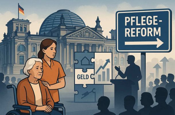 Eine Tochter will die Pflege organisieren am Telefon und vor dem Laptop. Im Hintergrund sieht man den Vater, Zeitung lesen., Eine besorgte ältere Frau wird Opfer des Enkeltrick., Die gesetzliche Betreuung erklärt einem Mann die Dokumente auf dem Tisch., Ein Fuß, der über eine Teppichfalte stolpert - symbolbild für die Sturzgefahr Zuhause, Ein Familiensymbol mit Pflegedienstsymbol im Austausch mit Geldscheinen auf jeder Seite. Steht für Kombinationsleistung, Ein glücklicher Sohn mit seiner Mutter und ihrer Betreuungskraft, die ihr Tee bringt., Tochter sucht nach "seriöser Anbieter" für die 24 Stunden Betreuung, während Vater im Hintergrund TV sieht., Ein Pflegeheim mit einem Schriftzug darüber "3245€ monatlich durchschnittlich" als Eigenanteil Pflegeheim, Ein Block mit einem Stift und Taschenrechner liegen auf einem Schreibtisch., Alltagsbeispiel 24 Stunden Pflege: Eine ältere Frau mit ihrer Begleitung bei einem Spaziergang im öffentlichen Park.