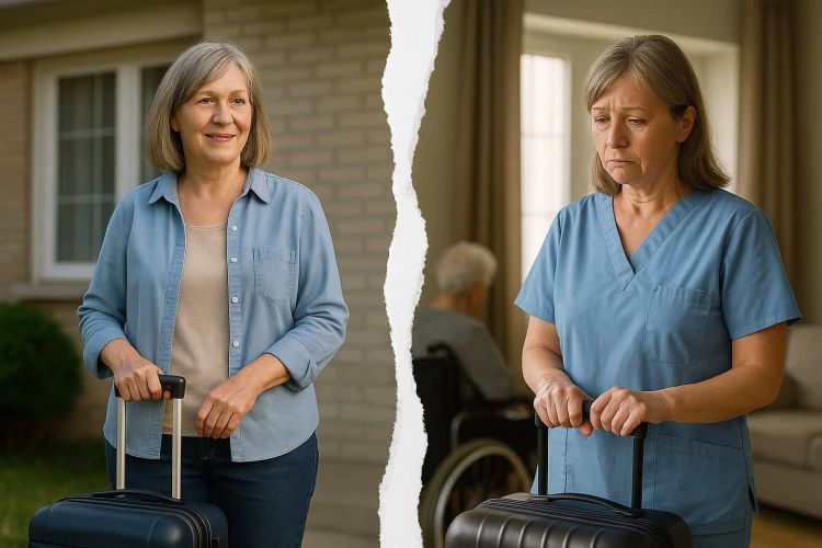 Die richtige pflegekraft für zuhause finden: Links eine lächelnde Frau mit Koffer vor einem Haus – Symbol für gelungene häusliche Betreuung. Rechts dieselbe Frau in Pflegekleidung, erschöpft und traurig, ebenfalls mit Koffer – zeigt Überforderung und Abreise einer Betreuungskraft.