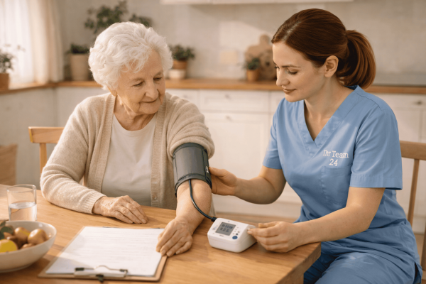 Pflegefachkraft misst den Blutdruck einer Seniorin im häuslichen Umfeld
