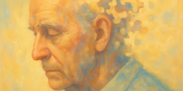 Gemälde eines älteren Mannes im Profil, dessen Kopf sich nach hinten in auflösende Puzzle-Teile verwandelt – symbolisiert Gedächtnisverlust und den Grund für Aggression bei Demenz.