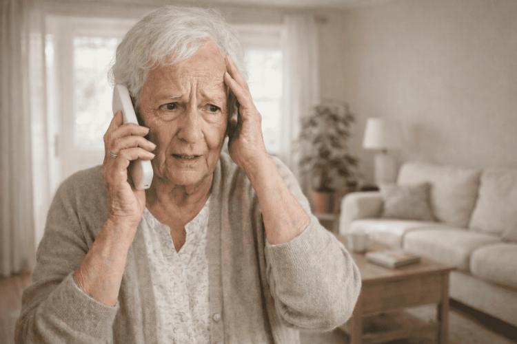 Eine besorgte ältere Frau wird Opfer des Enkeltrick.