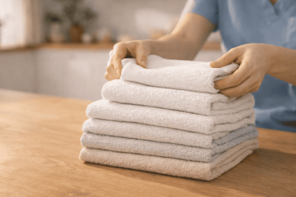 Gefaltete Handtücher als Symbol für hauswirtschaftliche Unterstützung im Alltag
