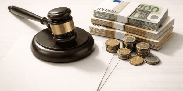 Pflegesatzverhandlungen Schaubild mit Gerichtshammer, Geldscheine und Münzen symbolisieren Pflegekosten und Rechtsprechung.