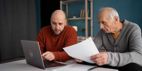 Wann Kinder haften für ihre Eltern, erklärt der Sohn seinem Vater am Laptop.