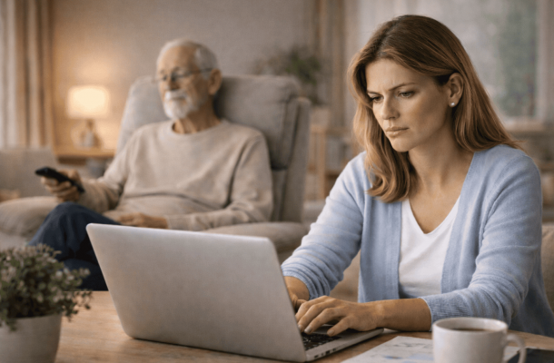 Tochter sucht am Laptop nach 24-Stunden-Pflege während Vater im Hintergrund TV sieht.