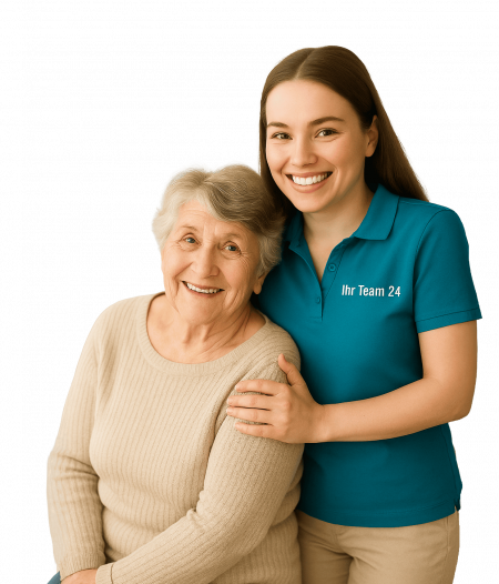 Betreuungskraft von Ihr Team 24 mit älterer Dame – persönliche Zuwendung und Sicherheit zu Hause.