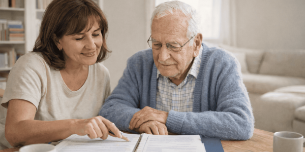 Die gesetzliche Betreuung erklärt einem Mann die Dokumente auf dem Tisch.
